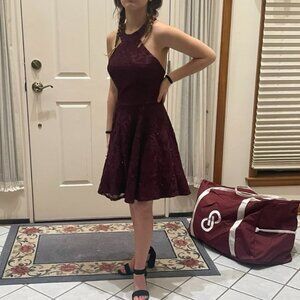 Vintage Y2K Burgundy Sparkle Layered Party Halter Dress w/ Black Tulle Ruffle